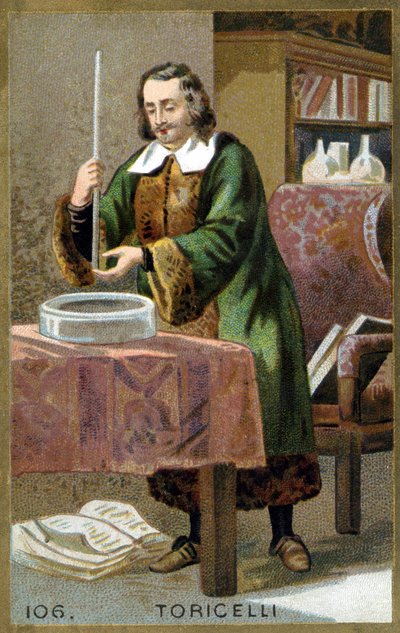 Retrato de Evangelista Torricelli (1608 - 1647), físico italiano con su invención el barómetro (tubo de mercurio). Cromolitografía del siglo XIX de Unknown artist