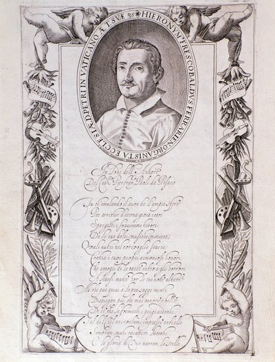 Retrato de Girolamo Frescobaldi (1583-1643) compositor italiano. Grabado del frontispicio de la partitura “Tocrate”. 1637. Bolonia, Museo cívico de Unknown artist