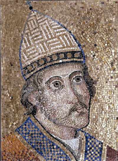 Retrato de Gregorio IX (1145 - 1241). Luchó contra Federico II y organizó la Inquisición. Mosaico del siglo XIII de la antigua ábside de San Pedro. Museo de Roma de Unknown artist
