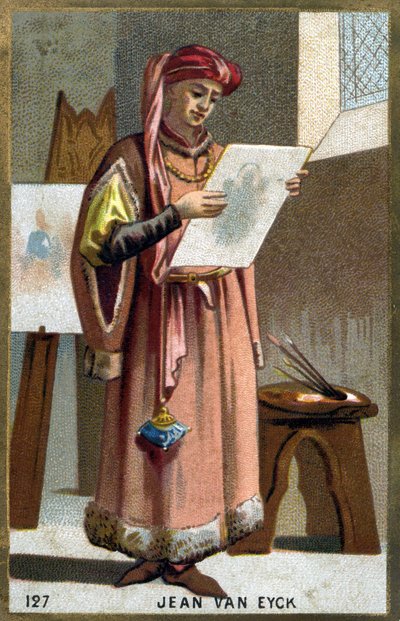 Retrato de Jan Van Eyck (1390 -1441) pintor flamenco - tocado de liripipión. Cromolitografía del siglo XIX de Unknown artist