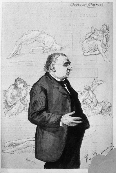Retrato de Jean Martin Charcot (1825 - 1893) con dibujos que representan pacientes que sufren de histeria de Unknown artist
