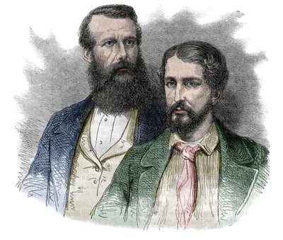 Retrato de John Hanning Speke, explorador británico, y James Augustus Grant, soldado y explorador británico. Juntos exploraron las fuentes del río Nilo - grabado de “The picturesque history of great voyages in the nineteenth century”. 1877 de Unknown artist