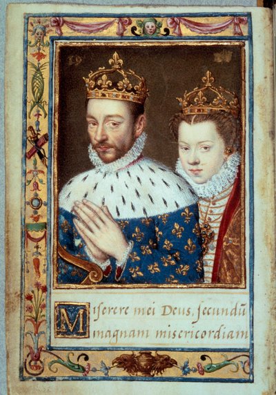 Retrato del Rey Carlos IX (1550-1574) y Isabel de Austria (1554-1592) Reina de Francia. Página del manuscrito del “Libro de Horas de Catalina de Médicis” (Caterina de Medici) siglo XVI. París, B.N. de Unknown artist