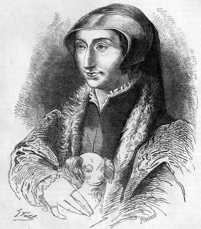 Retrato de Margarita de Navarra (Margarita de Valois, Margarita de Angulema o Margarita de Francia (1492-1549) Reina de Navarra y poetisa, hermana de Francisco I (1553-1615). Grabado del siglo XIX. de Unknown artist