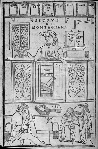 Retrato de Pietro da Montagnana, un maestro médico paduano rodeado de libros médicos griegos y árabes, y tres pacientes esperando para que les examinen la orina. de Unknown artist