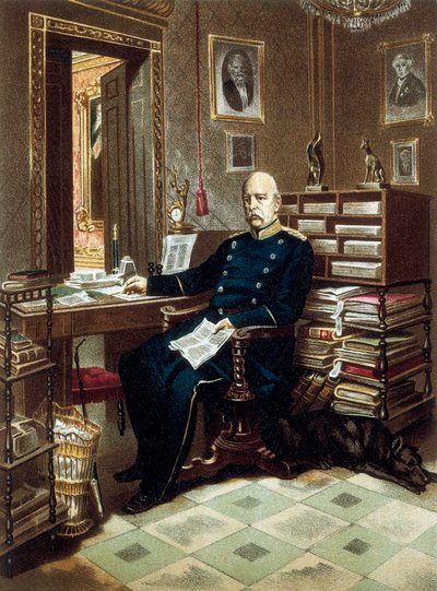 Retrato del príncipe Otto von Bismarck (1815-1898), canciller y político prusiano, en su oficina. Litografía en color de Unknown artist