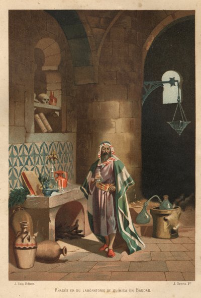 Retrato de Rhases (Rhazes, Razi, Al-Razi, Razis, o Rases) (840-923) científico persa en su laboratorio en Bagdad. Barcelona 1881 de Unknown artist