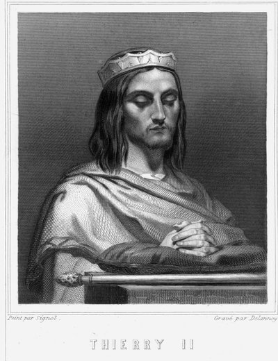 Retrato de Thierry II (? - 613), Rey de Borgoña y Austrasia - en “Histoire des Français” de Lavallée, grabado, sd. de Unknown artist