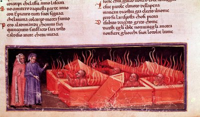 Retrato del poeta italiano Dante Alighieri entre los herejes con Virgilio (canto X del Infierno, en la Divina Comedia) - miniatura de Unknown artist