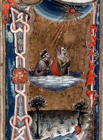 Retrato del poeta italiano Dante Alighieri con Beatriz, en la Divina Comedia - miniatura de Unknown artist