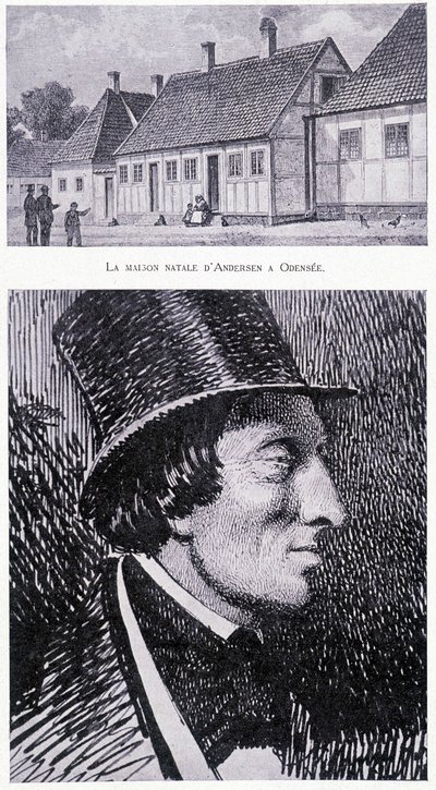 Retrato del escritor danés Hans Andersen (1805 - 1875) y su casa en Odense, Dinamarca, circa 1832. de Unknown artist