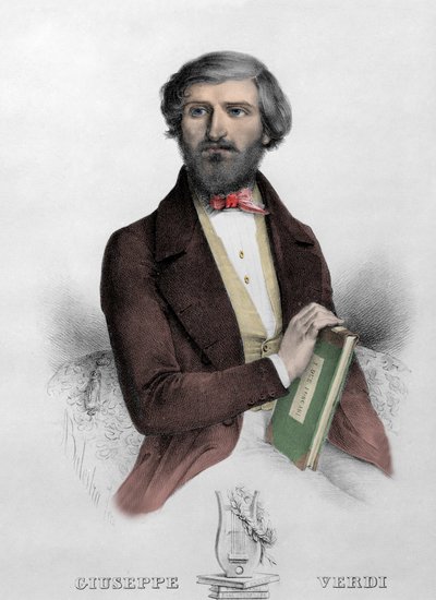 Retrato del compositor italiano Giuseppe Verdi (1813 - 1901) con la partitura de 