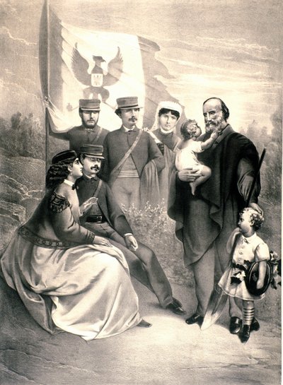 Retrato del patriota italiano y héroe del Risorgimento Giuseppe Garibaldi (1807-1882) rodeado de sus hijos Menotti, Ricciotti de pie y Teresita, Francesca Armosino y los pequeños Manlio y Clelia de Unknown artist