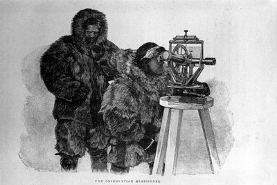 Retrato del explorador noruego Fridtjof Nansen (1861-1930), científico y diplomático, con uno de sus colaboradores en el uso del teodolito. de Unknown artist