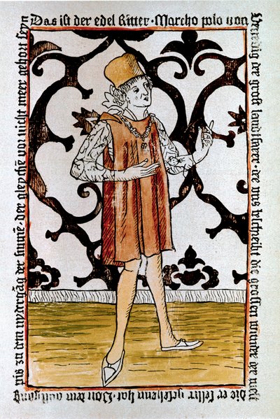 Retrato del explorador veneciano Marco Polo (1254-1324). Frontispicio de la primera edición de "Il Milione: El Libro de las Maravillas" ("Devisement du monde") Núremberg de Unknown artist
