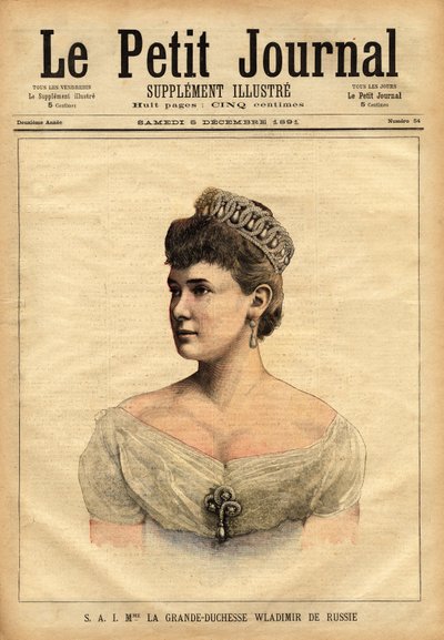 Retrato de la gran Duquesa Vladimir de Rusia, nacida en 1854, Princesa María de Mecklenburg-Schwerin y casada en 1874 con el hermano menor del zar, Gran Duque Vladimir Alexandrovich Romanov (1847-1909). Grabado en “Le petit journal”. de Unknown artist