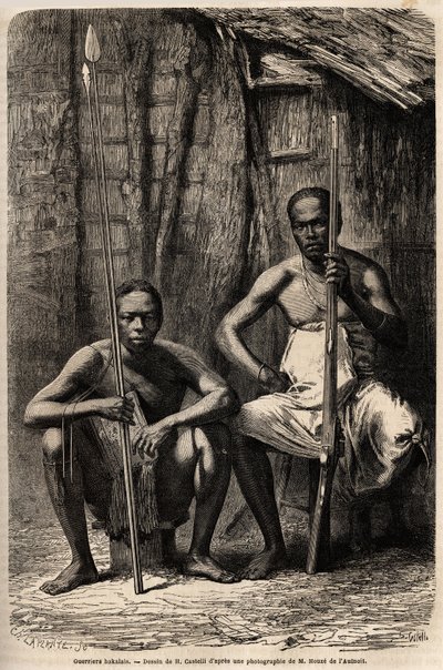 Retrato de dos guerreros Bakali. Dibujo de H. Castelli, para ilustrar el viaje a Gabón, en 1861-1864, del Doctor Griffon du Bellay. Grabado en 