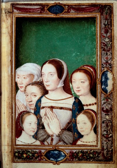 Retratos de las hijas de Francisco I y sus dos esposas. Hijas: Louise, Charlotte, Madeleine, Marguerite. Esposas: Claude de Francia y Eleonore de Habsburgo. Miniatura en 