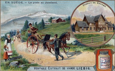 Correo y cartero en Jemtland, Suecia. Cromolitografía, imagen de Liebig. de Unknown artist