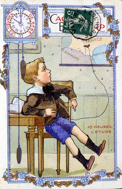 Postal que muestra el curso del día de un niño. A las 10:00, el niño está en la escuela de Unknown artist