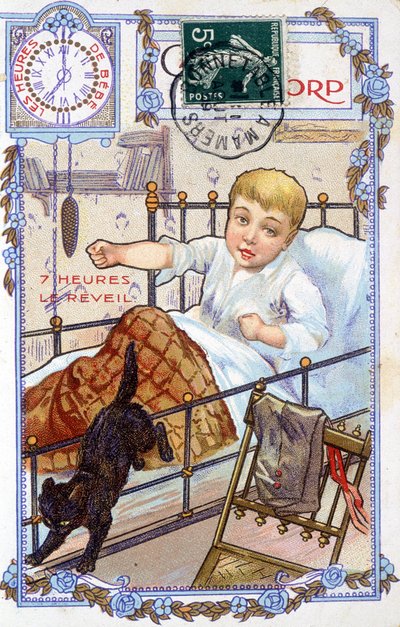 Postal que muestra el curso del día de un niño. A las 7 en punto, el niño se despierta de Unknown artist