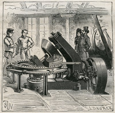 Cerámica: máquina Fleury utilizada para el moldeado mecánico de ladrillos. Grabado de 1885 en "Les arts et metiers illustres" por Adolphe BITARD de Unknown artist