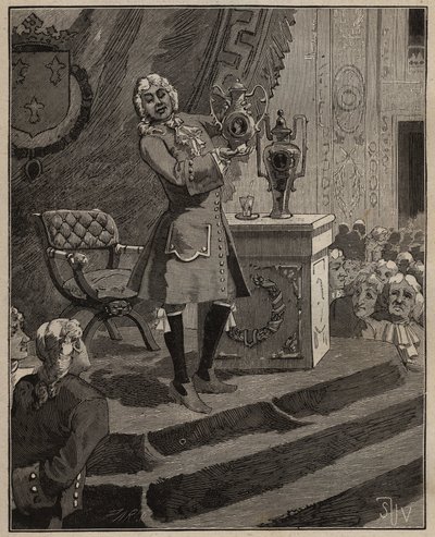 Cerámica: Pierre Joseph Macquer (1718-1784) presentando en la Academia la primera porcelana dura hecha en Francia por la fábrica de Sèvres en 1769. Grabado de 1885 en 