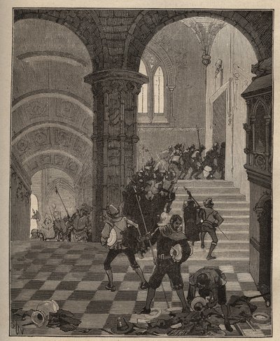Cerámica: destrucción de la fábrica "Henri II" durante el saqueo del castillo de Oiron (Deux Sèvres) en 1568 durante la Liga. Grabado de 1885 en "Les arts et metiers illustres" por Adolphe BITARD de Unknown artist