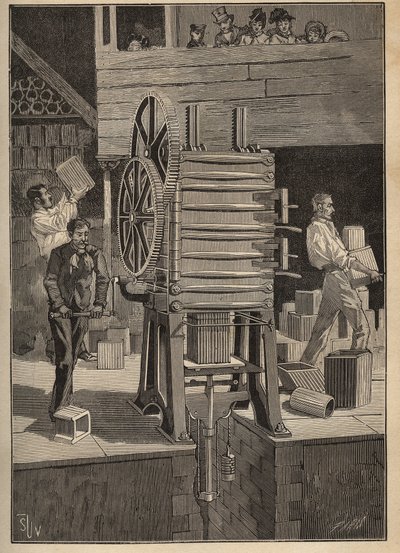 Cerámica: moldeo mecánico de partes huecas. Grabado de 1885 en “Les arts et metiers illustres” de Adolphe BITARD. de Unknown artist