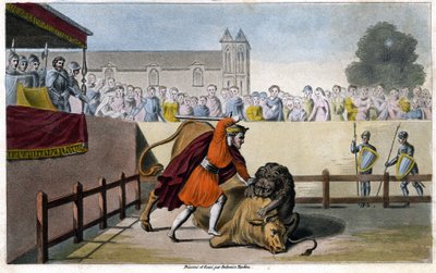 Pepino el Breve mata a un león luchando contra un toro - grabado de Unknown artist