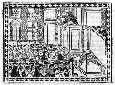 Predicación de G. Savonarola (Jerome Savonarola) - en “Compendium of Revelatione”, incunable de 23/4/1496 de Unknown artist