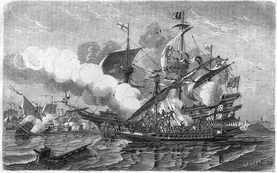 Pregent atacó la flota inglesa, comandada por el almirante Edouard Howart, abril 1513. Grabado del siglo XIX. de Unknown artist