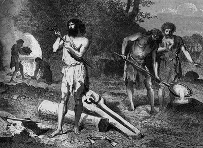 Prehistoria - los primeros metalúrgicos de la Edad del Bronce: fabricación de bronce. Grabado en “Le Journal de la jeunesse”. de Unknown artist