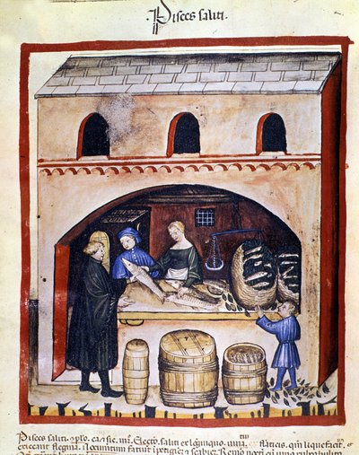 Preparación de pescado sucio. Iluminación del "Tacuinum sanitatis" de Unknown artist