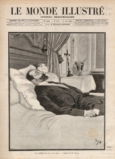Presidente de la república Sadi Carnot (1837-1894) en su lecho de muerte, en un contexto de agitación sindical y anarquista, fue asesinado el 24 de junio en la exposición de Lyon, por Sante Caserio (1873-1894) y más tarde. Grabado en “Le Monde illustré” de de Unknown artist