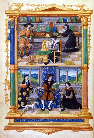Príncipe aprendiendo física, filología, religión y mantenimiento - en "De la instrucción de un príncipe" por Guillaume Budé (Budaeus) (1467-1540) de Unknown artist