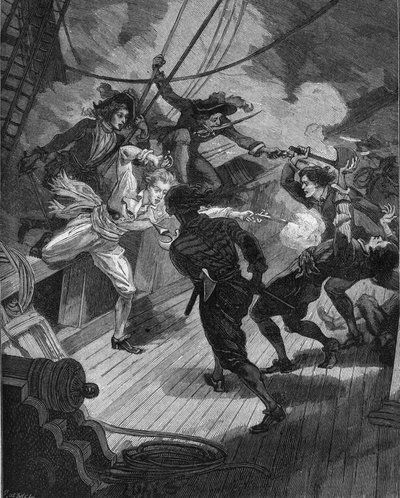 Corsario Jean Bart (1650-1702) acercándose a un barco. Grabado del siglo XIX. En “Histoire de France” por Jules Michelet de Unknown artist