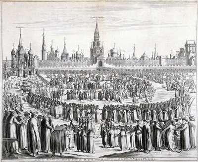 Procesión de las flores de Pascua frente a la Puerta del Santo Salvador y el Kremlin en Moscú. Grabado del siglo XIX de Unknown artist