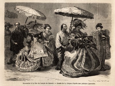 Procesión a la Fiesta del Templo Sannoo, dedicada a la memoria de Zinmou, fundador del imperio del Gran Japón, ubicado en Yedo (o Edo, actual Tokio), que tiene lugar el 15º día del 6º mes del año. La procesión es pele mele representada de Unknown artist