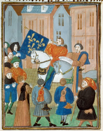Proclamación de Paz en Reims el 2 de octubre de 1435 tras la firma del Tratado de Arras entre el rey Carlos VII y el duque de Borgoña Felipe III el Bueno, que puso fin a la guerra civil entre los Armagnacs y los Borgoñones. Miniatura de "Reyes y reinas" de Unknown artist