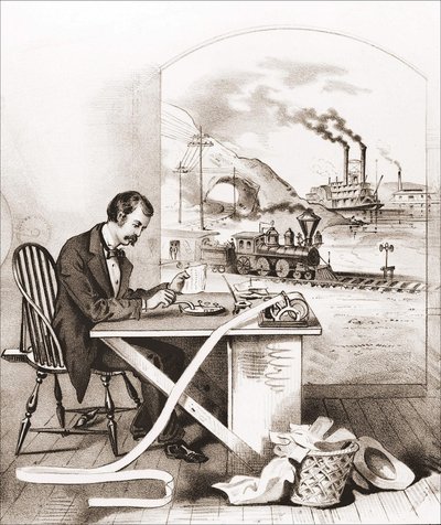 Progreso del Siglo (siglo XIX): Telegrafía de Morse, Barco del Amanecer, Tren, etc. de Unknown artist