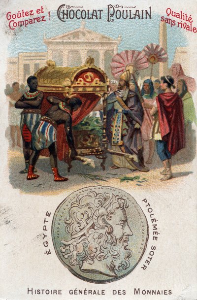 Ptolomeo I (360-283 a.C.) Soter (salvador) enterró a Alejandro Magno. En Historia General de las Monedas. Cromolitografía de chocolate de finales del siglo XIX. Colección privada. de Unknown artist