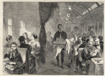 Vagón comedor Pullman del Ferrocarril del Pacífico en 1869 - interior de un vagón hotel en el Ferrocarril del Pacífico de Unknown artist
