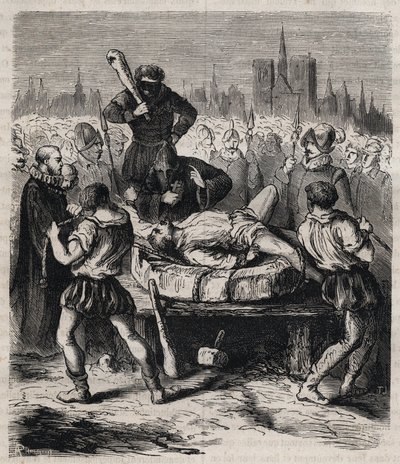 Castigo de François Ravaillac (1578-1610) asesino del Rey Enrique IV (1553-1610) en la Place de Grève en París en 1610 - Grabado de 1879 en 