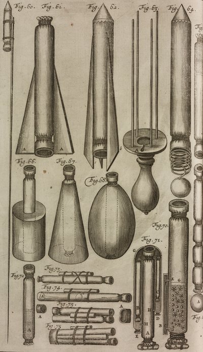 Cohetes e instrumentos pirotécnicos, grabado de Grand Art d