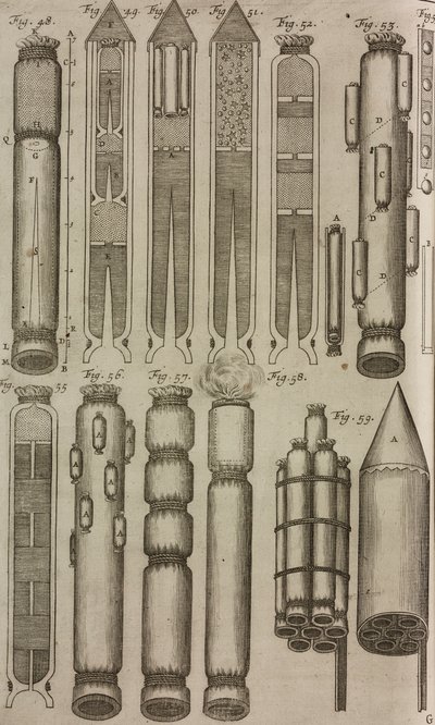 Cohetes e instrumentos pirotécnicos, grabado de Grand Art d