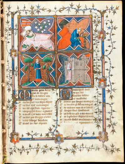 ""Cuatro hombres ocupados en diferentes actividades"" página iluminada del manuscrito ""Le Roman de la Rose"" de Guillaume de Lorris (alrededor de 1200-1238) y Jean de Meun (Meung) (1240-1305) alrededor de 1353 Suiza, Biblioteca de Ginebra de Unknown artist