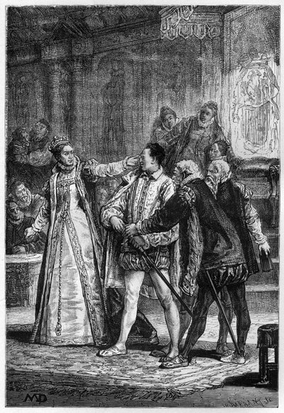 La reina Isabel I de Inglaterra golpeando al 2º Conde de Essex Robert Devereux de Unknown artist
