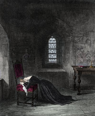 Juana Grey es prisionera en la Torre de Londres. Lady Jane Grey (1537-1554), sobrina del rey Enrique VIII, fue reina de Inglaterra durante 9 días. Su prima María (María Tudor) reclamando el trono, la encarcelará y ejecutará por alta traición. Grabado de Unknown artist
