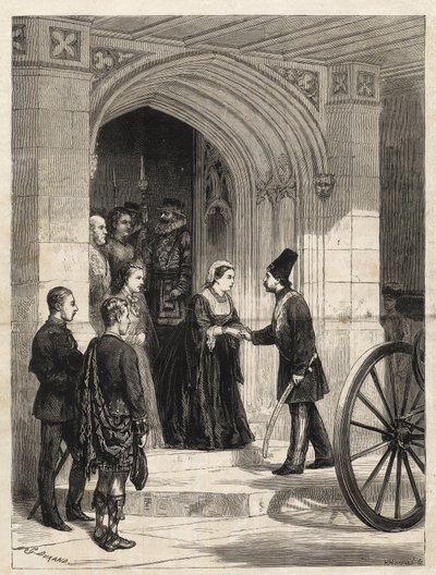 La Reina Victoria recibiendo al Shah de Persia (Naser al-Din Shah Qajar) en la Entrada del Soberano, Castillo de Windsor - 1873 - Grabado de 